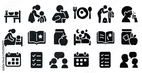 Family and parenting solid icons set – filled, childcare, and family support symbols