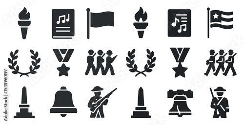 Patriotic and military solid icons set – filled, silhouette, national symbols