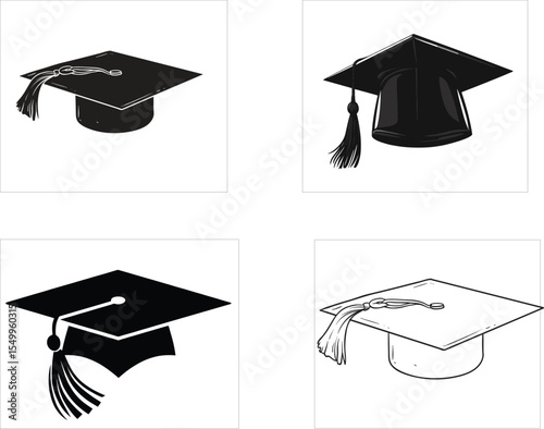 Four distinct academic graduation caps or mortarboards with tassels displayed on a clean white background representing educational achievement and commencement ceremonies