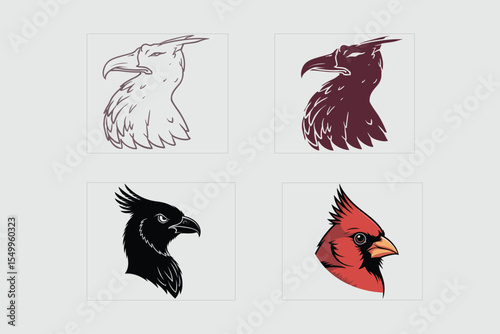 Four distinct artistic interpretations of a cardinal bird s head showcasing a progression from a simple sketch to a detailed realistic illustration in various color palettes