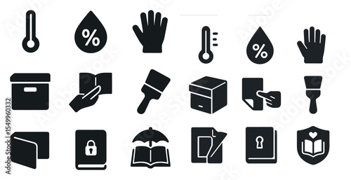 Home and office supplies solid icons set – flat, filled, stationery and utility symbols
