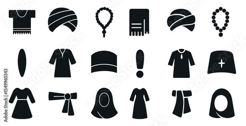 Traditional clothing solid icons set – silhouette, filled, cultural attire symbols