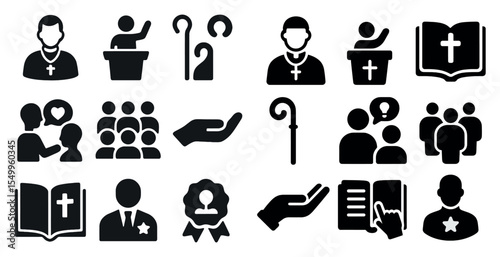 Religious solid icons set – filled, faith, spiritual communication symbols