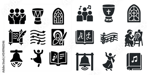 Christian worship solid icons set – filled, religious, faith symbols collection