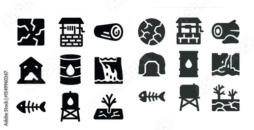Water conservation silhouette icons set – solid, eco-friendly, sustainability symbols