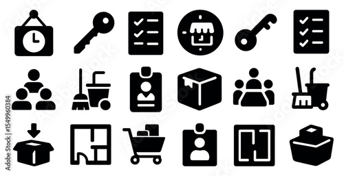Home and office solid icons set – filled, silhouette, work and household symbols