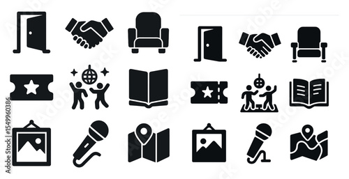 Home and business solid icons set – filled, silhouette, office and domestic symbols