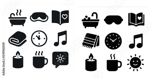 Relaxation and wellness solid icons set – silhouette, filled, spa and comfort symbols