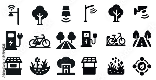 Urban environment solid icons set – filled, cityscape, smart city symbols