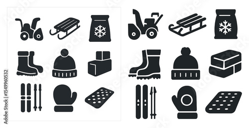Winter activities solid icons set – silhouettes, filled, skiing and snow equipment symbols