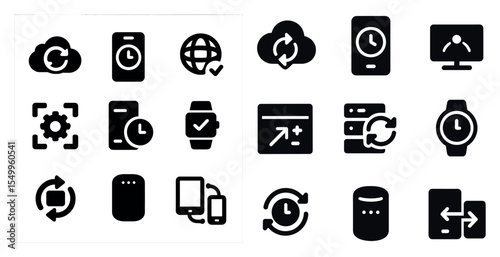 Time and sync solid icons set – filled, timekeeping, synchronization symbols