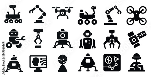 Robotics and ai solid icons set – filled, technology, automation symbols