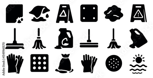 Cleaning and maintenance solid icons set – filled, hygiene, sanitation symbols