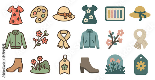 Fashion and apparel icons set – flat, line, clothing and style symbols