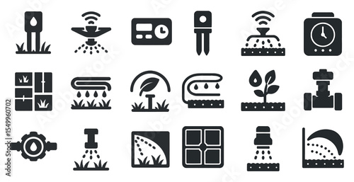 Smart irrigation solid icons set – water management, gardening, sprinkler system symbols