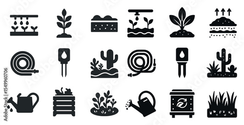 Gardening and plant care solid icons set – filled, outline, horticulture essentials