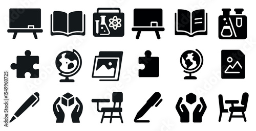 Education and learning solid icons set – filled, school supplies and academic symbols
