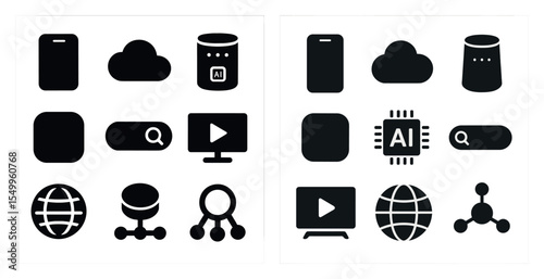 Cloud computing solid icons set – technology, data, network symbols