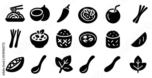 Asian cuisine solid icons set – flat, filled, food and culinary symbols