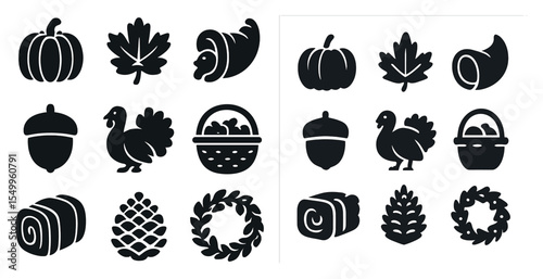 Autumn and harvest silhouette icons set – fall, seasonal, thanksgiving symbols