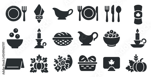 Dining and tableware solid icons set – silhouette, flat, kitchen essentials