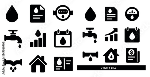 Utility and billing solid icons set – filled, finance, payment symbols