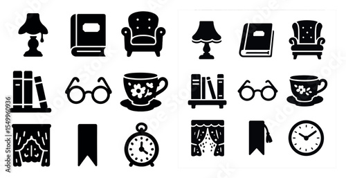 Home library and decor silhouette icons set – books, furniture, indoor accents