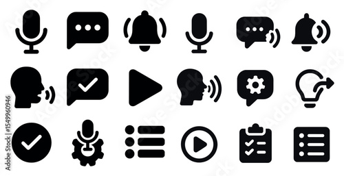 Communication and notification solid icons set – filled, messaging, alert symbols