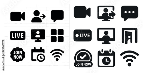 Video conference solid icons set – virtual meeting, online chat, communication symbols