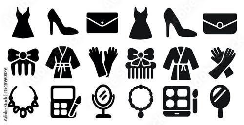 Fashion and accessories silhouette icons set – outline, solid, clothing and style symbols