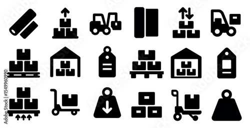 Warehouse solid icons set – filled, logistic and storage symbols for inventory