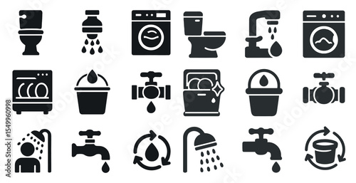 Bathroom and plumbing silhouette icons set – solid, water, hygiene essentials