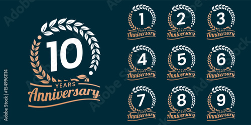 Set of vector icon or logo designs for 1st to 10th anniversary with laurel wreath, in gold color for celebrations, weddings and birthdays
