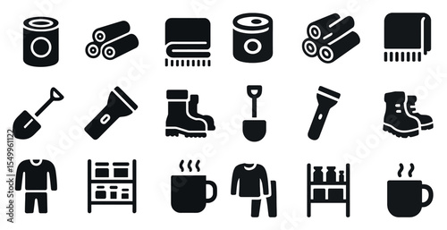 Camping and outdoor solid icons set – flat, silhouette, adventure equipment symbols