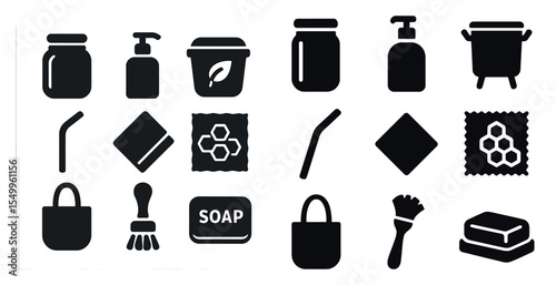 Eco-friendly filled icons set – solid, sustainable, green living symbols