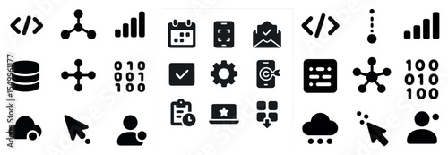 Technology and data solid icons set – filled, binary, digital interface symbols