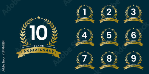 Set of vector icon or logo designs for 1st to 10th anniversary with laurel wreath, in gold color for celebrations, weddings and birthdays