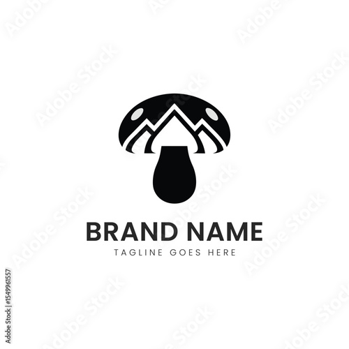 A minimalist logo featuring a stylized mushroom with mountain motifs, perfect for brands focusing on nature, adventure, or organic products.