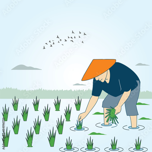 Asian farmers working on Field. Farmer harvesting vector. Hand drawn illustration.