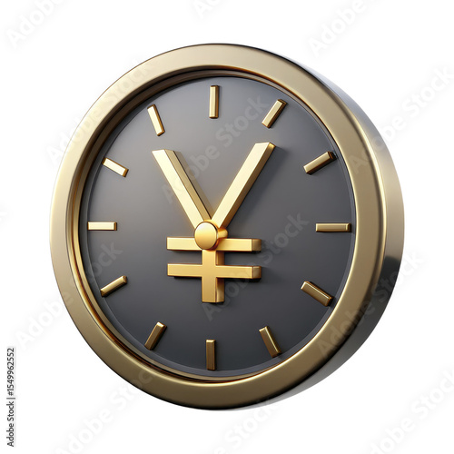 3D gold Yen currency clock icon on black background, Japanese Yen symbol time is money concept, luxury metallic financial clock for banking and investment