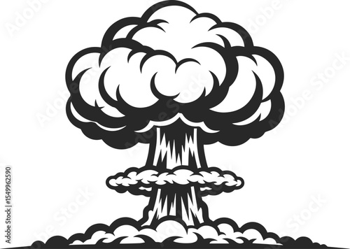 Icon of a large nuclear explosion in the shape of a mushroom silhouette in black color.