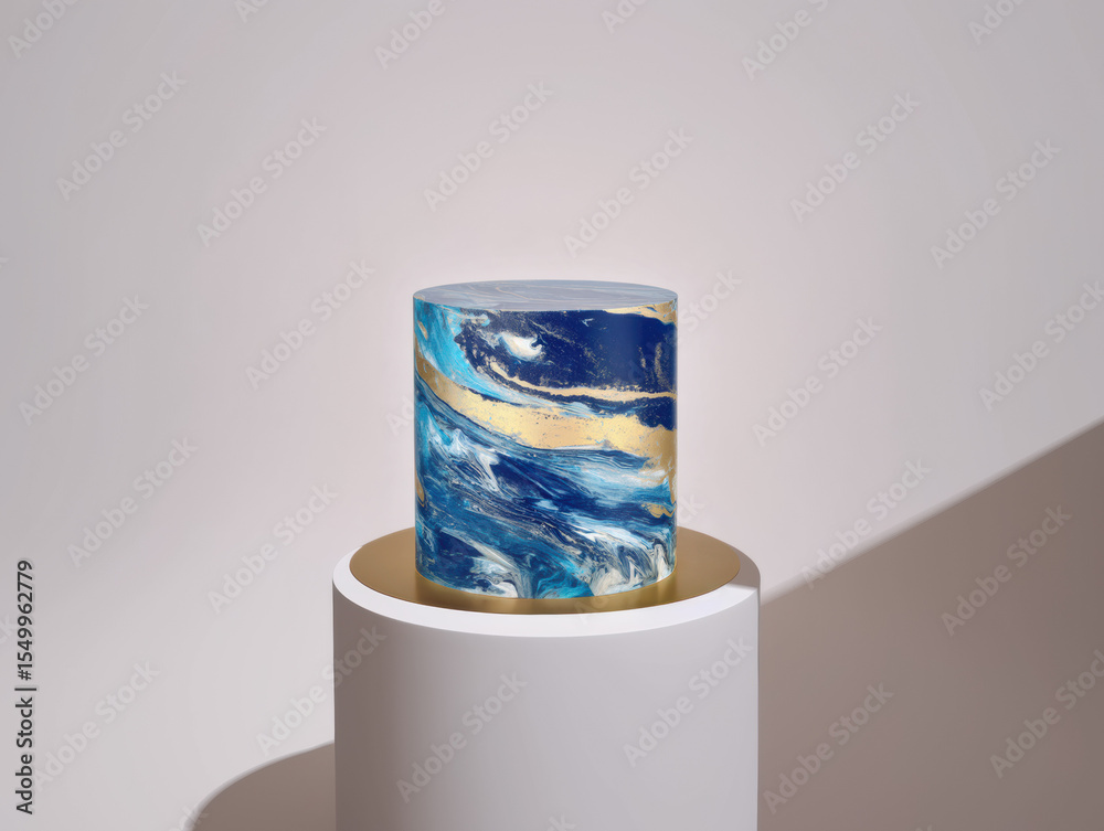 Obraz premium Modern abstract cake with blue, gold, and white marble pattern. Luxury artistic dessert, elegant celebration centerpiece, creative confectionery design, minimal background, close-up.