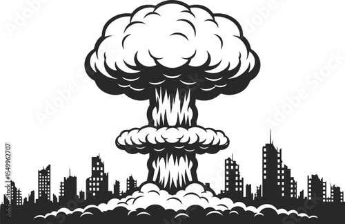 Nuclear explosion on the background of a destroyed city, nuclear mushroom cloud after a nuclear explosion, nuclear explosion icon on the background of ruins in the form of a black silhouette.