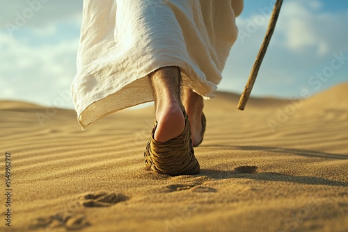Jesus' feet walking on sand, Jesus wearing a white robe and sandals,