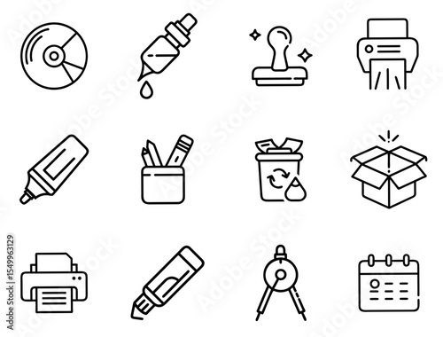 Office Material Outline Line Icons Set 3 – Detailed Outline Icons for Office Supplies, Stationery & Administrative Tools