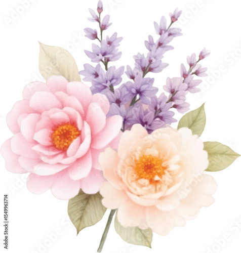 Soft watercolor floral arrangement with pink and peach roses and purple lavender blooms isolated on transparent background