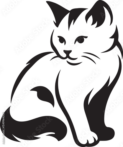 Sitting cat silhouette elegant black and white, Graceful feline profile vector art