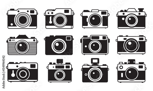 Collection of Various Vintage and Modern Cameras in Black and White Line Art or silhouettes Design
