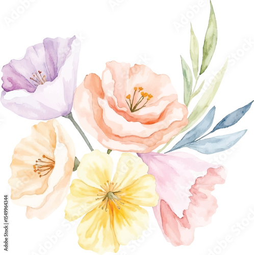 Delicate watercolor floral arrangement with soft hues of peach lavender yellow and pink isolated on transparent background
