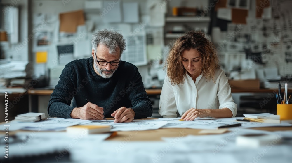 Obraz premium A thoughtful older man and a younger woman collaborate deeply in a creative design studio, focusing on their sketching work amidst a backdrop of numerous design elements.